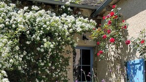 A rustic building with a stone wall, a wooden bench, and a variety of flowering plants. - Saisonnée (Centrès)