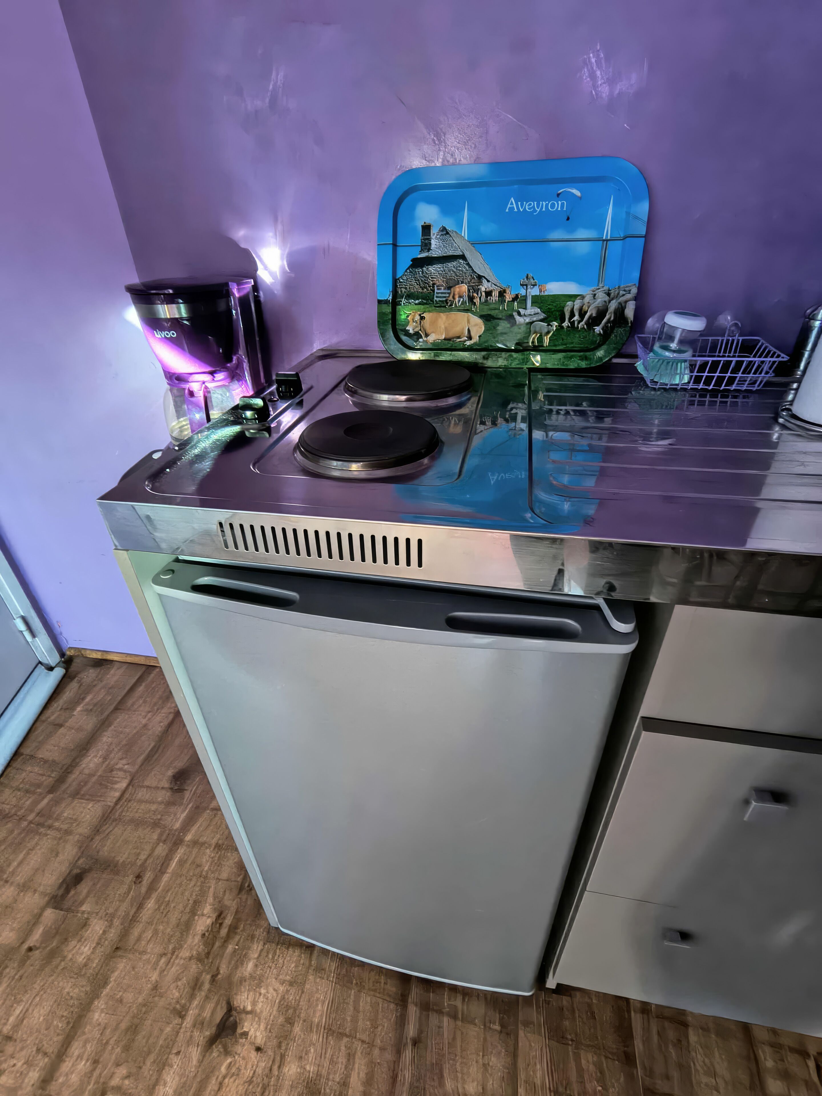 A compact kitchen with a built-in refrigerator, a coffee maker, and a decorative blue tray with a rural scene.