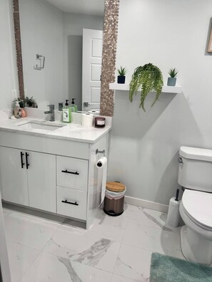 Secador de cabelo, toalhas de banho, sabonete, papel higiênico