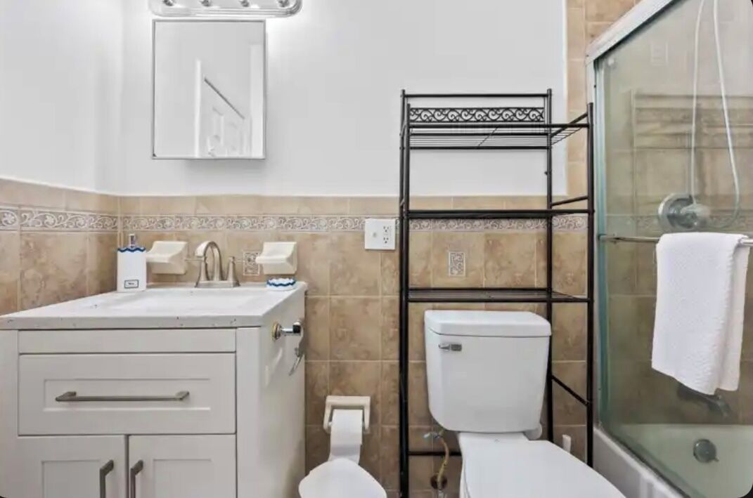 Hair dryer, towels, soap, toilet paper
