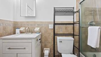 Hair dryer, towels, soap, toilet paper