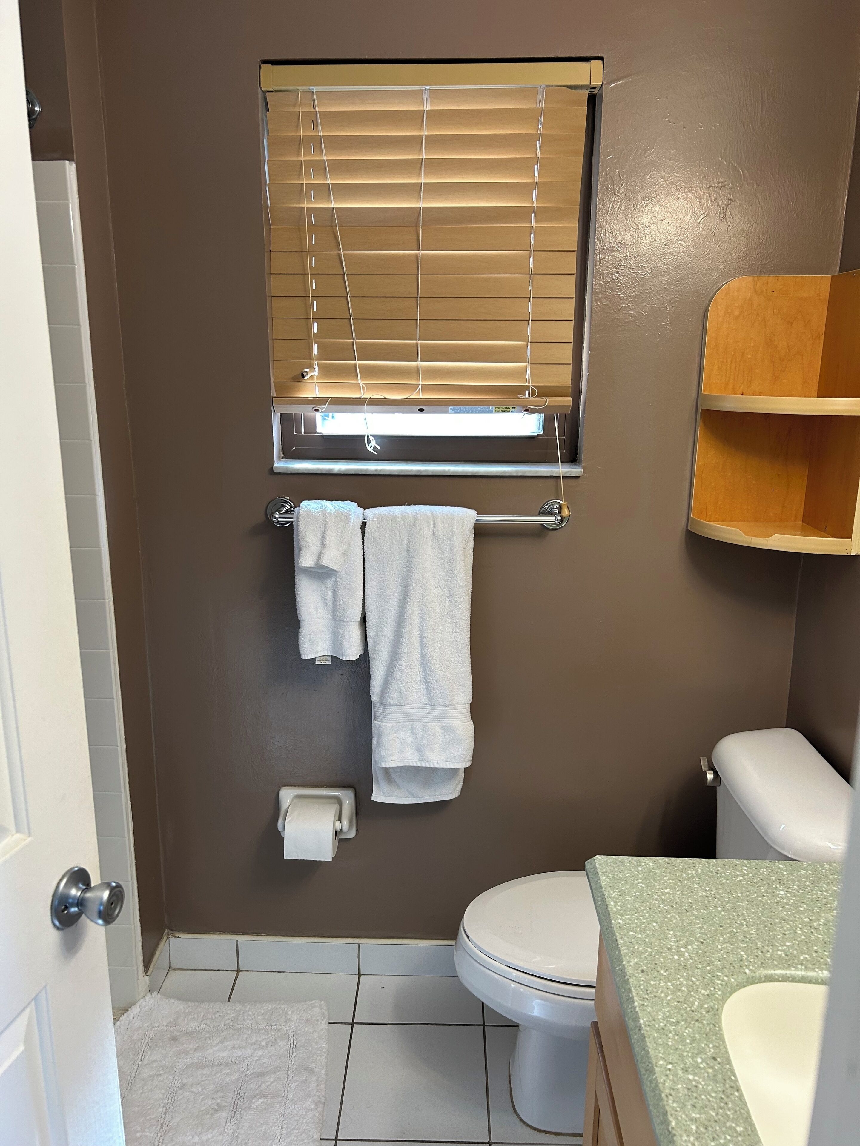 Hair dryer, towels, soap, toilet paper