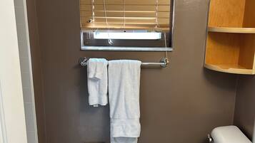 Hair dryer, towels, soap, toilet paper