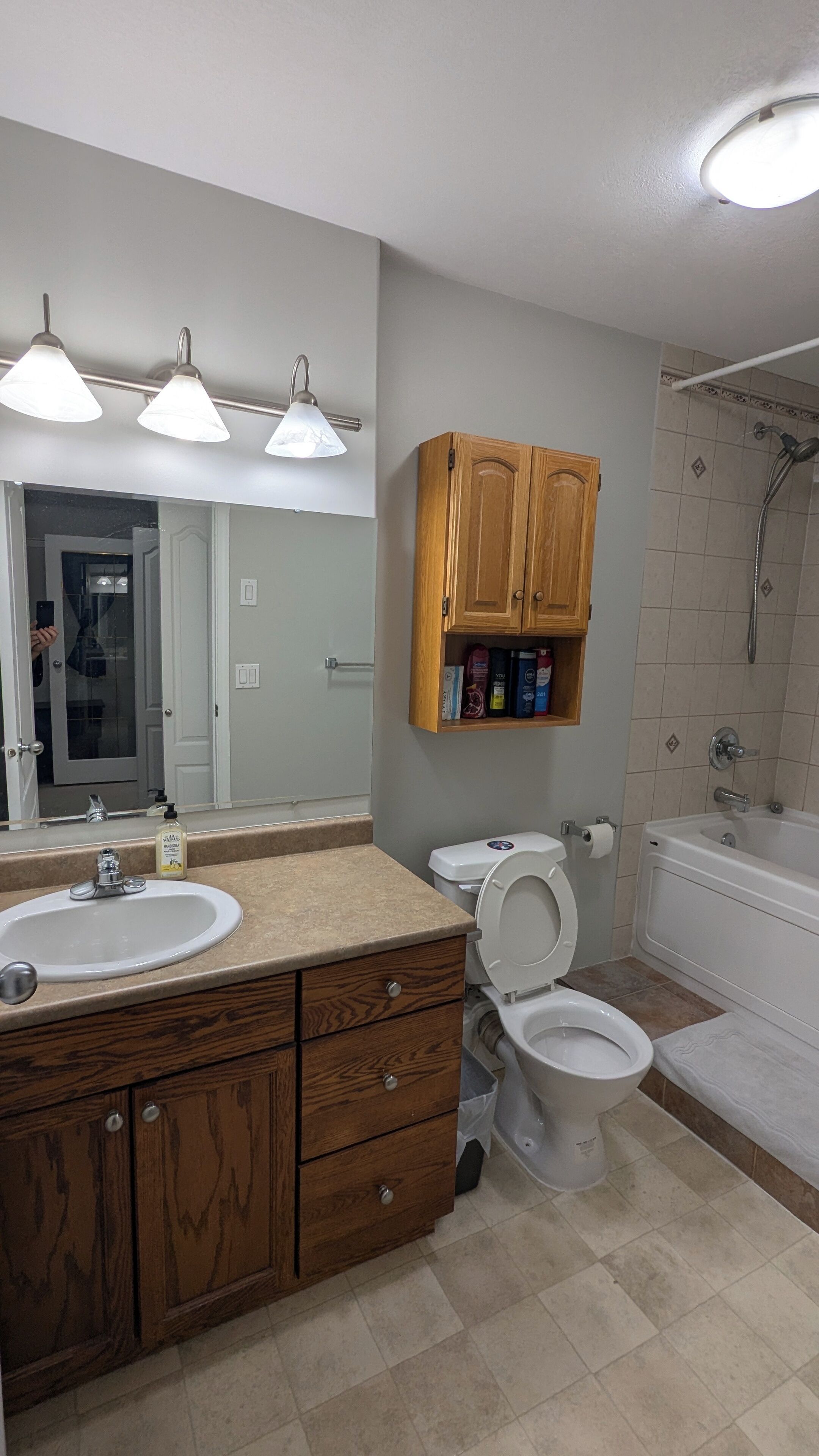 Jetted bath, hair dryer, towels, soap