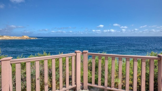 Une terrasse en bois offrant une vue sur l’océan et une côte rocheuse lointaine.