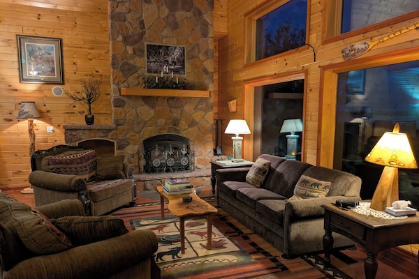 TV connectée, cheminée, livres, chaîne hi-fi