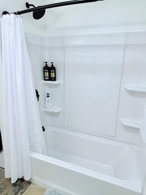 Hair dryer, towels, soap, toilet paper
