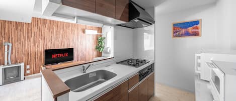 Fridge, microwave, stovetop, rice cooker