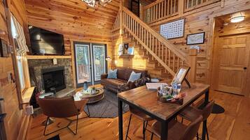 Smart TV, fireplace, books