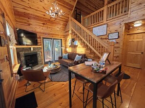 Smart TV, fireplace, books