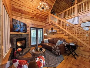 Smart TV, fireplace, books