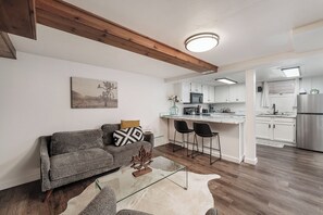 Smart TV, fireplace, books