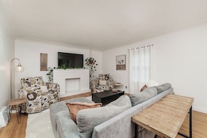 Smart TV, fireplace, books