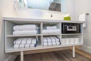 Shower, hair dryer, shampoo