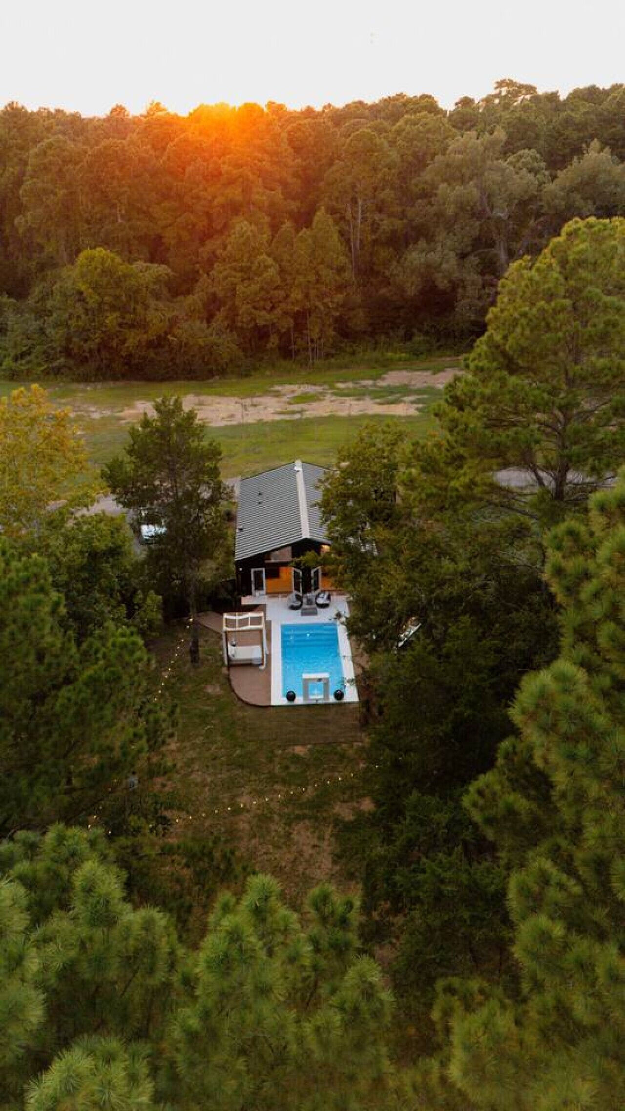 A house with a swimming pool surrounded by trees.