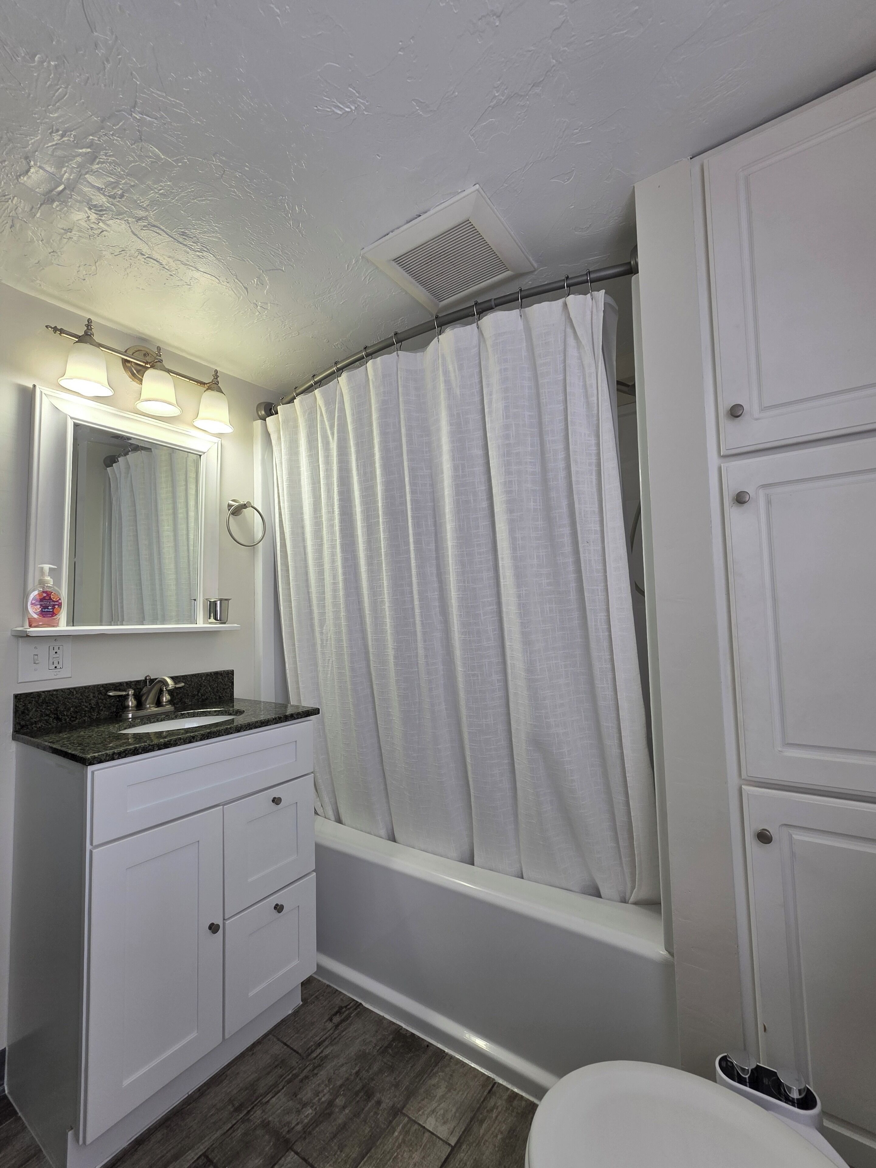 Secadora de cabello, bidet, toallas, papel de baño 