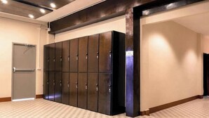 Habitación de hotel con un armario grande, una puerta y alfombra estampada.