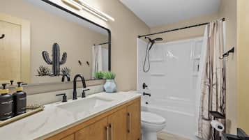Hair dryer, towels, soap, toilet paper