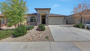 A residential house with a stone facade, a garage, and a landscaped front yard with shrubs and a small tree.