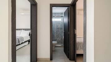 Shower, towels, soap, toilet paper