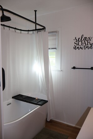 Hair dryer, towels, soap, shampoo