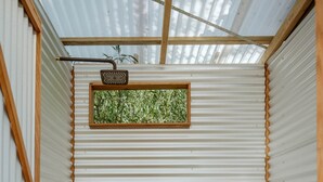 Une petite salle de bain comprenant des toilettes, une fenêtre donnant sur un espace verdoyant et un petit coin lavabo.