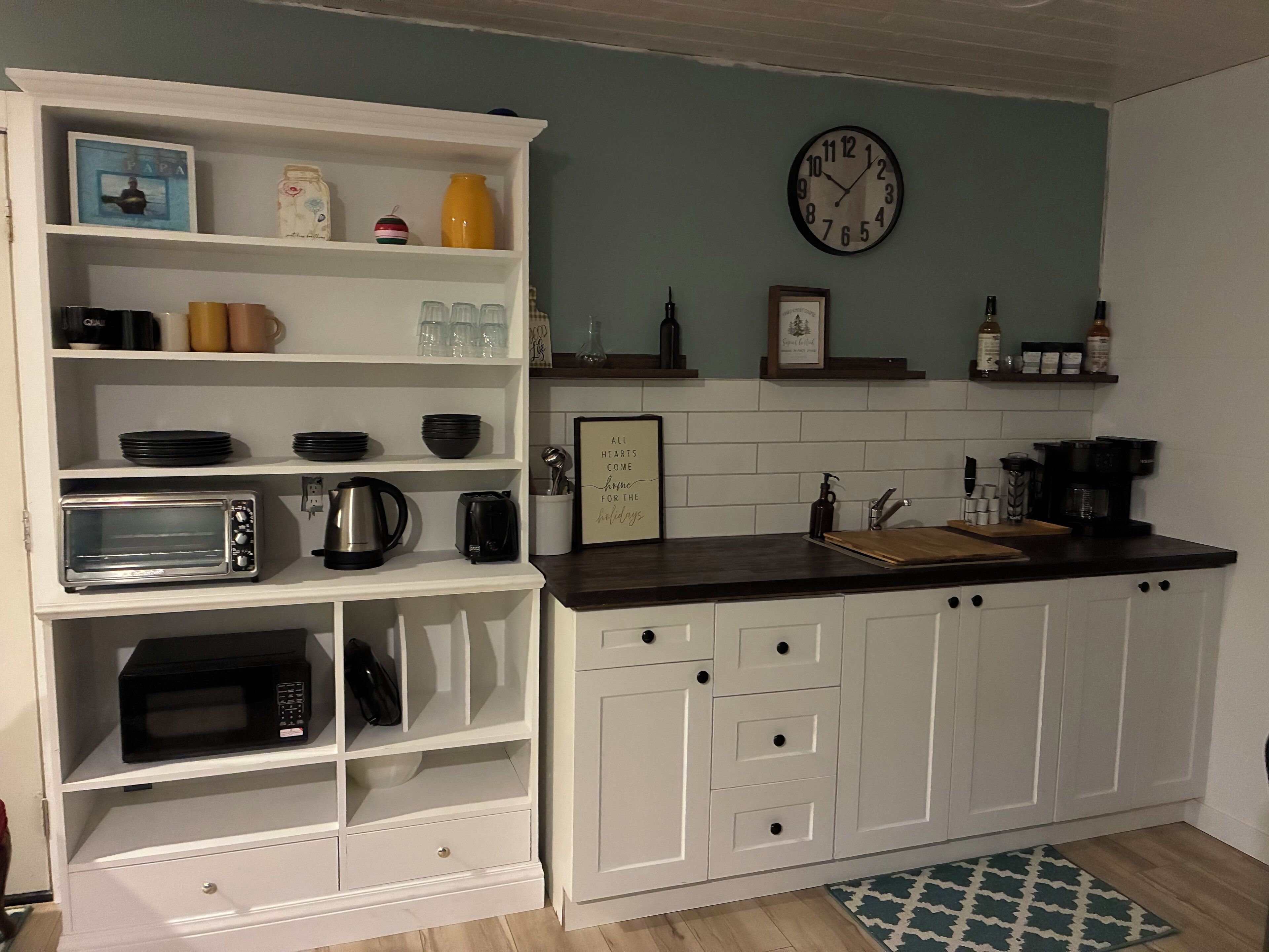 Fridge, microwave, coffee/tea maker, electric kettle