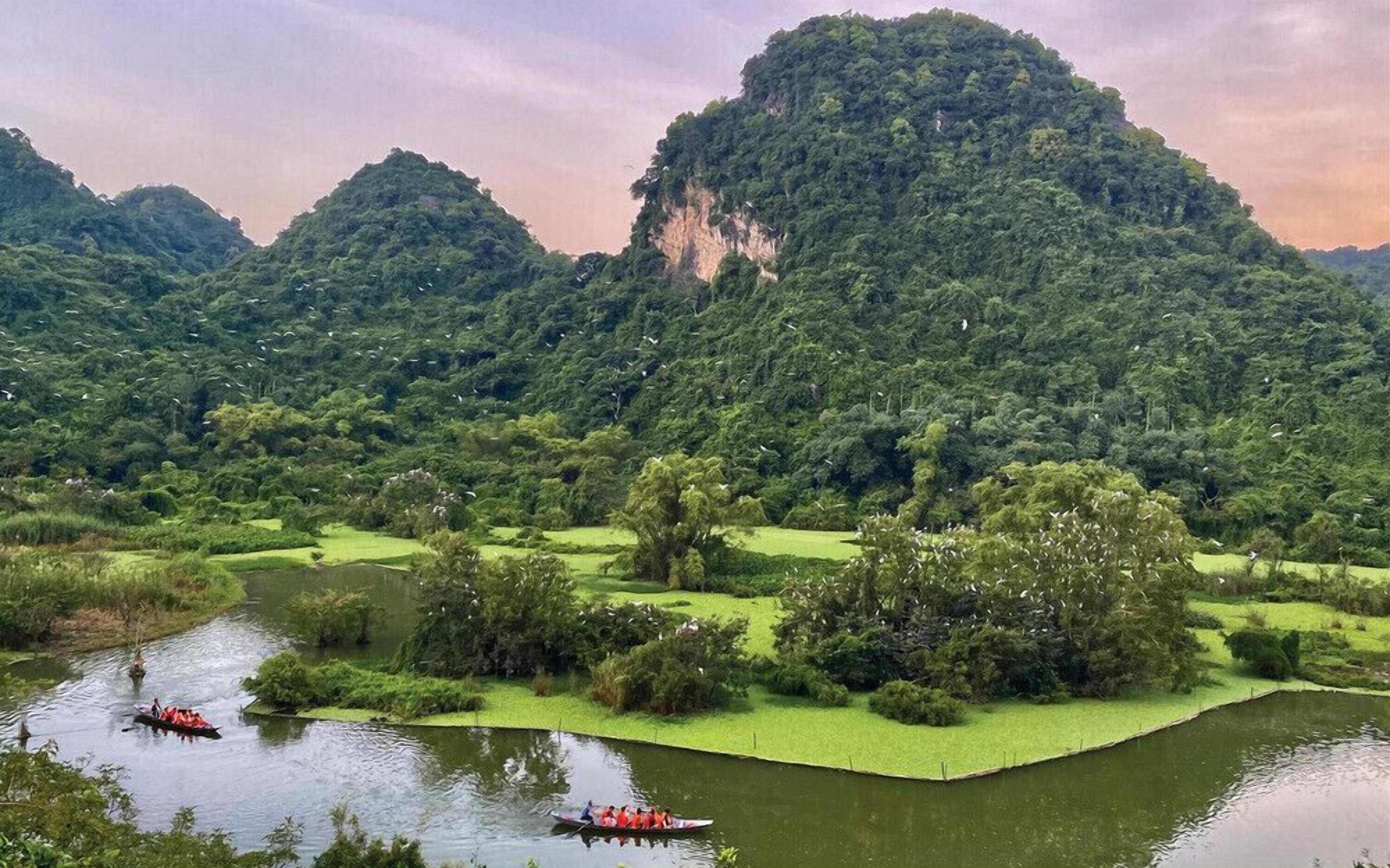 A lush landscape with a river, boats, and a large forested mountain.