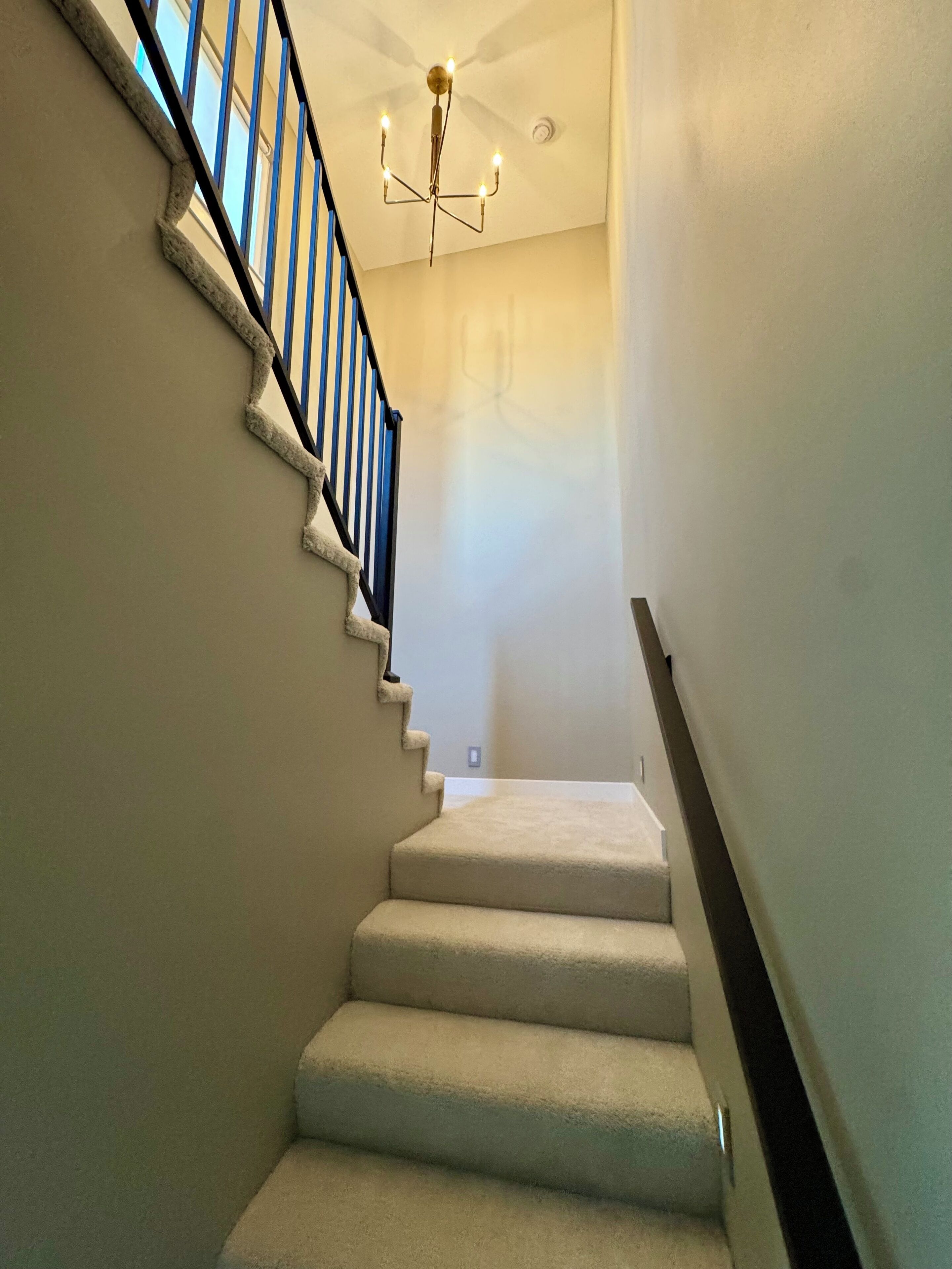 A carpeted staircase with a black railing and a chandelier.