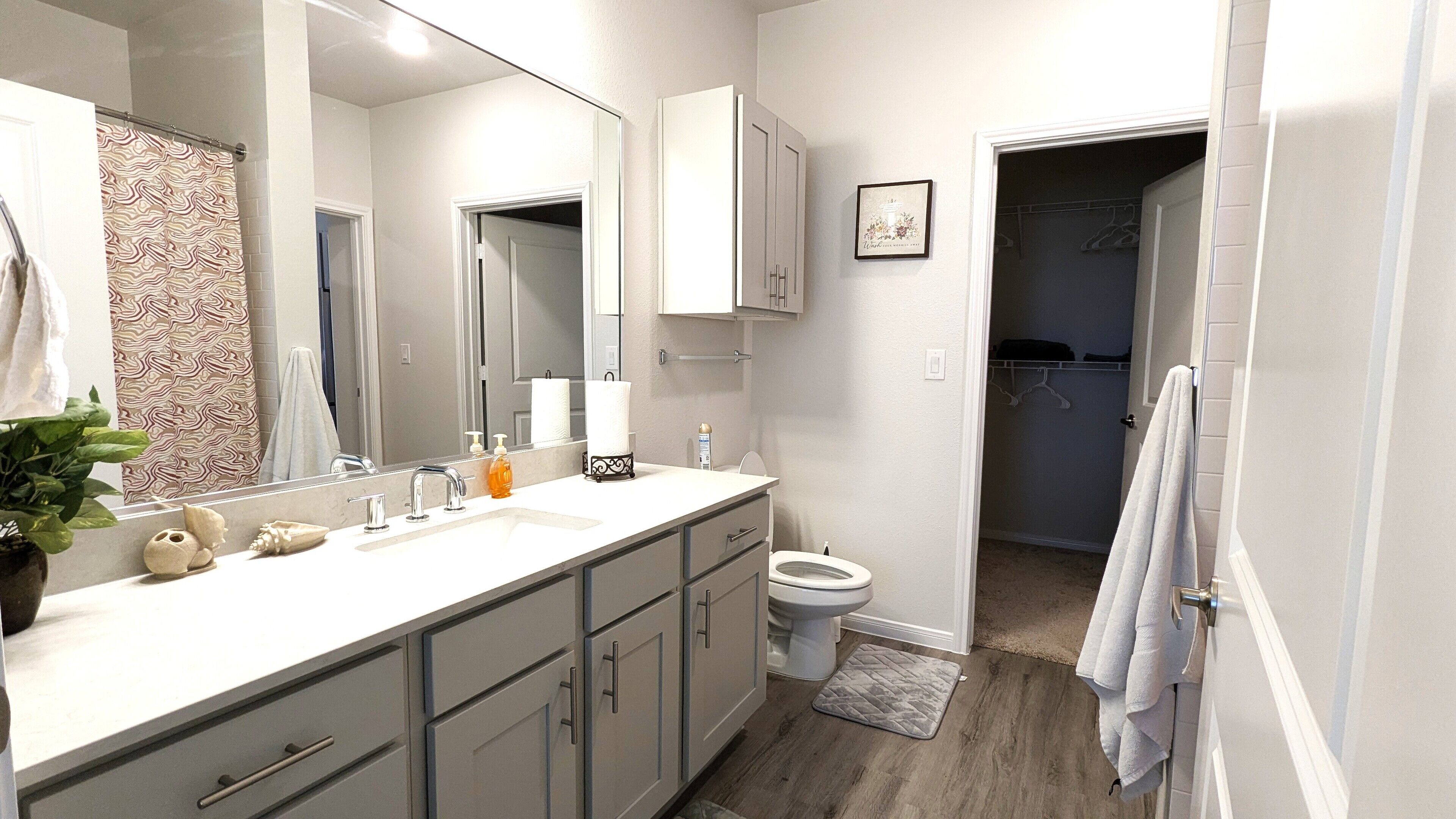 Hair dryer, towels, soap, toilet paper