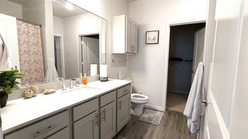 Hair dryer, towels, soap, toilet paper