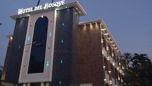 A hotel named "Hotel Del Bosque" with a prominent sign, a modern architectural design, and a clear view of the night sky.