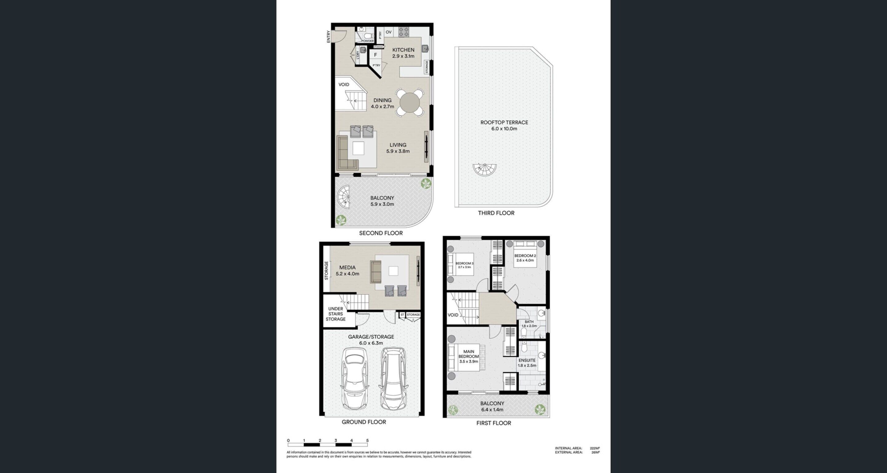 Plano de planta de un edificio de varios pisos con terraza en la azotea, sala de estar, balcón, sala multimedia, garaje/almacén y varias habitaciones.