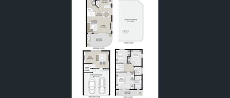Plano de planta de un edificio de varios pisos con terraza en la azotea, sala de estar, balcón, sala multimedia, garaje/almacén y varias habitaciones.