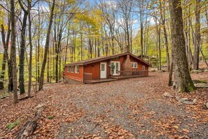 Une cabane entourée d’arbres, avec une allée gravillonnée.