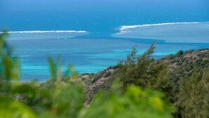 A coastal landscape with a view of the ocean and a hilly terrain in the foreground. - Le tropical Chez jeannette (Rodrigues Island)