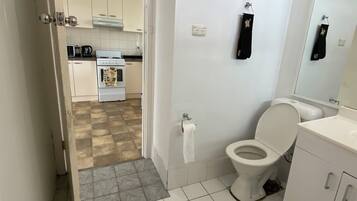 Shower, towels, soap, toilet paper