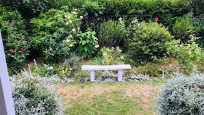 En trädgård med en vit bänk omgiven av olika växter och blommor.