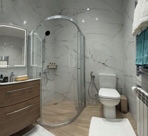 Hair dryer, bidet, towels, soap