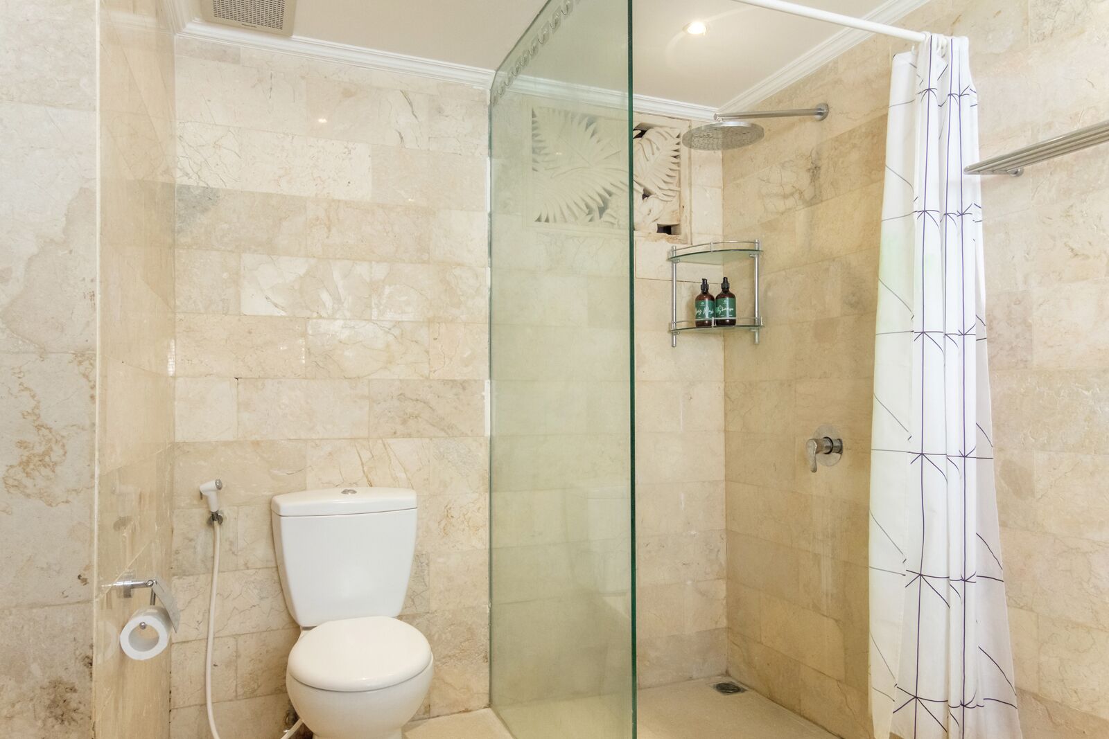 A bathroom with a glass-enclosed shower, a toilet, and a shelf with toiletries.
