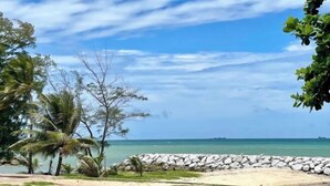 Una spiaggia con un muro di pietra, palme e cielo sereno.