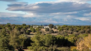 Paesaggio con vista su montagne, alberi e alcuni edifici in lontananza.