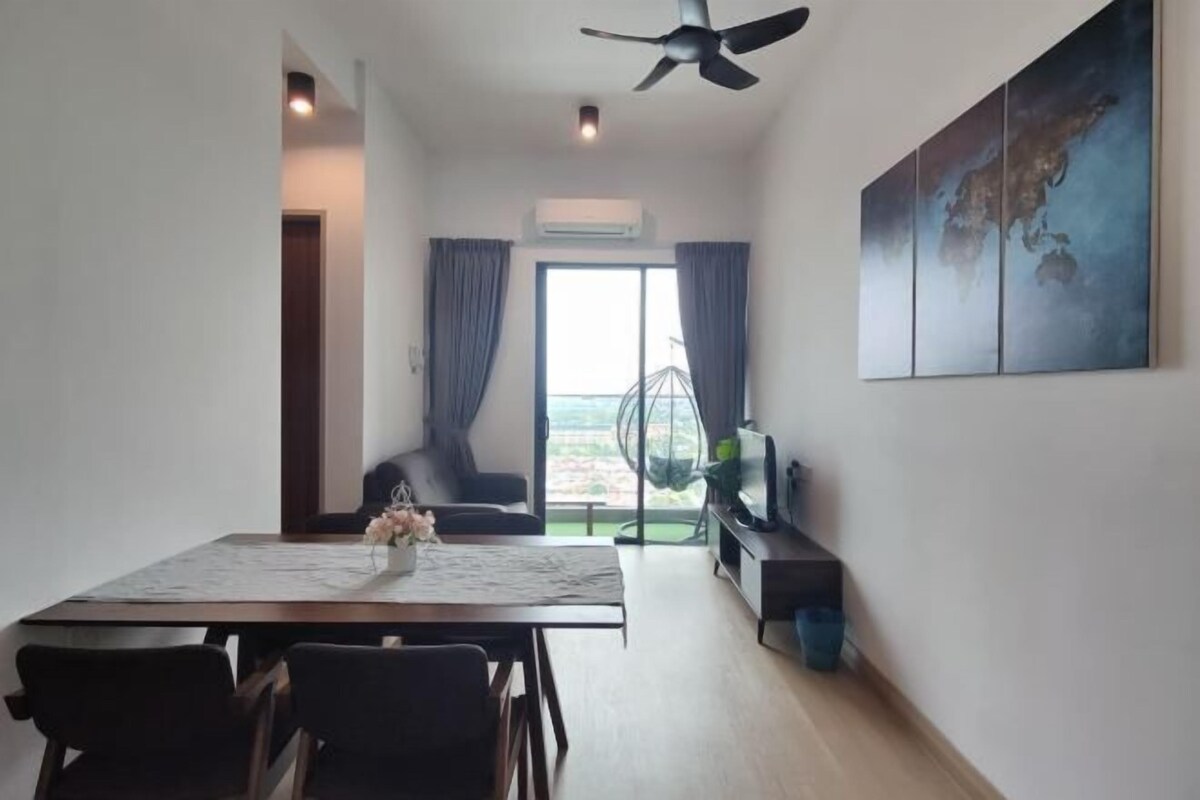A modern living room with a dining area, a ceiling fan, a large window with curtains, and a world map on the wall.