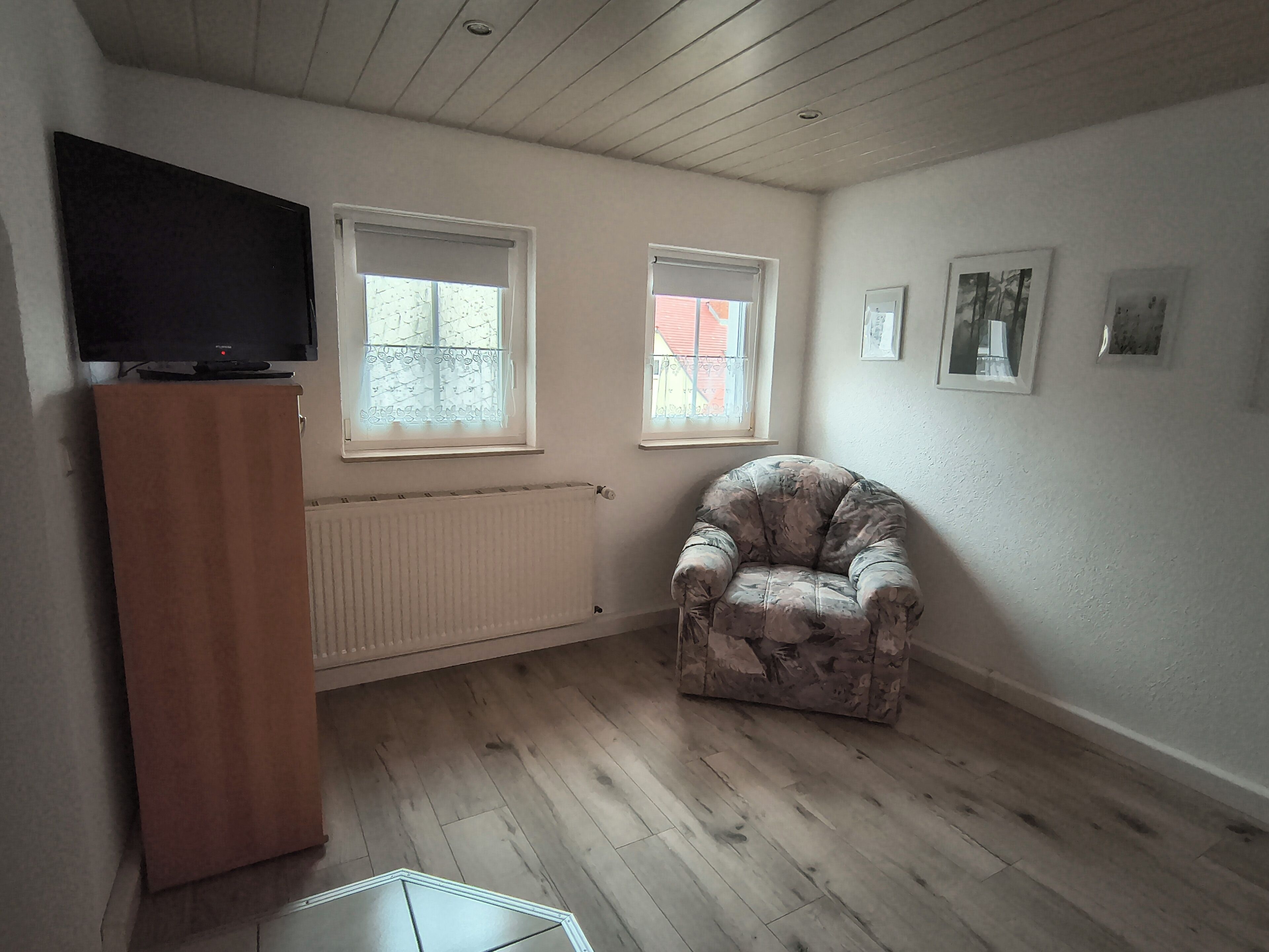 A room with wooden flooring, a radiator, two windows with blinds, a television on a cabinet, and a floral-patterned armchair.