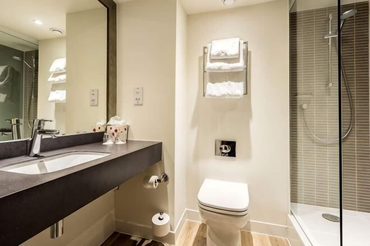 Une salle de bain moderne avec un grand miroir, un lavabo, des toilettes et une douche Ă parois de verre.