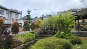 Un jardin résidentiel agrémenté d’un chemin en pierre, de diverses plantes et d’un petit élément décoratif aquatique.