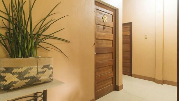 A hallway with a wooden door, a potted plant, and a tiled floor. - Kababayan Pensione House by RedDoorz (Iloilo City)
