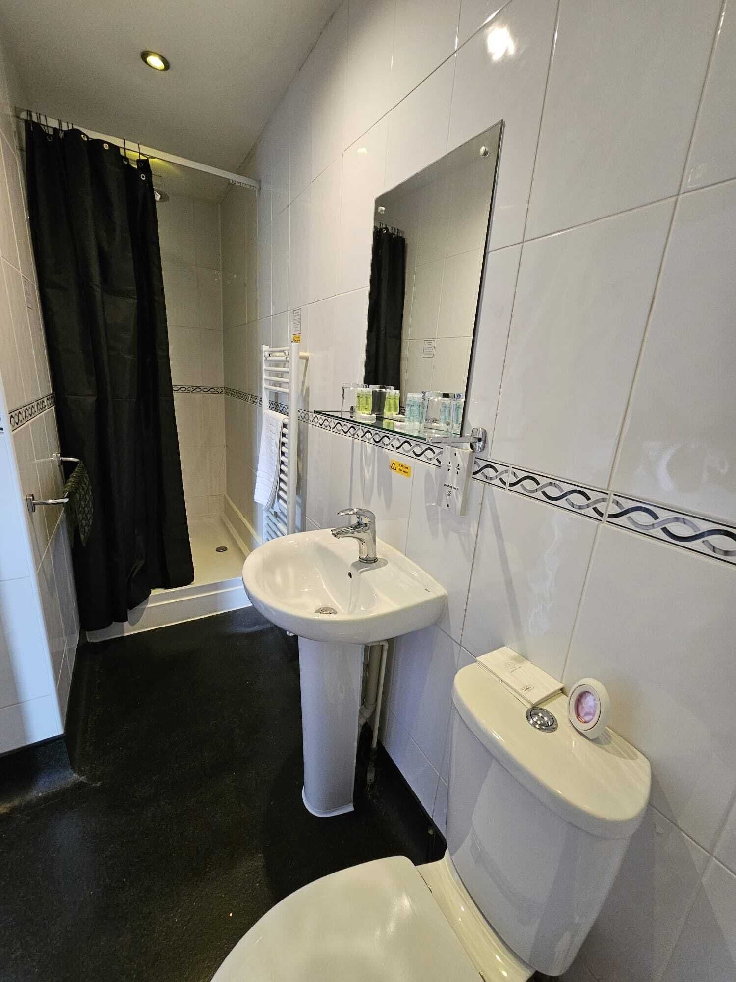 A bathroom with a white sink, toilet, and shower area.