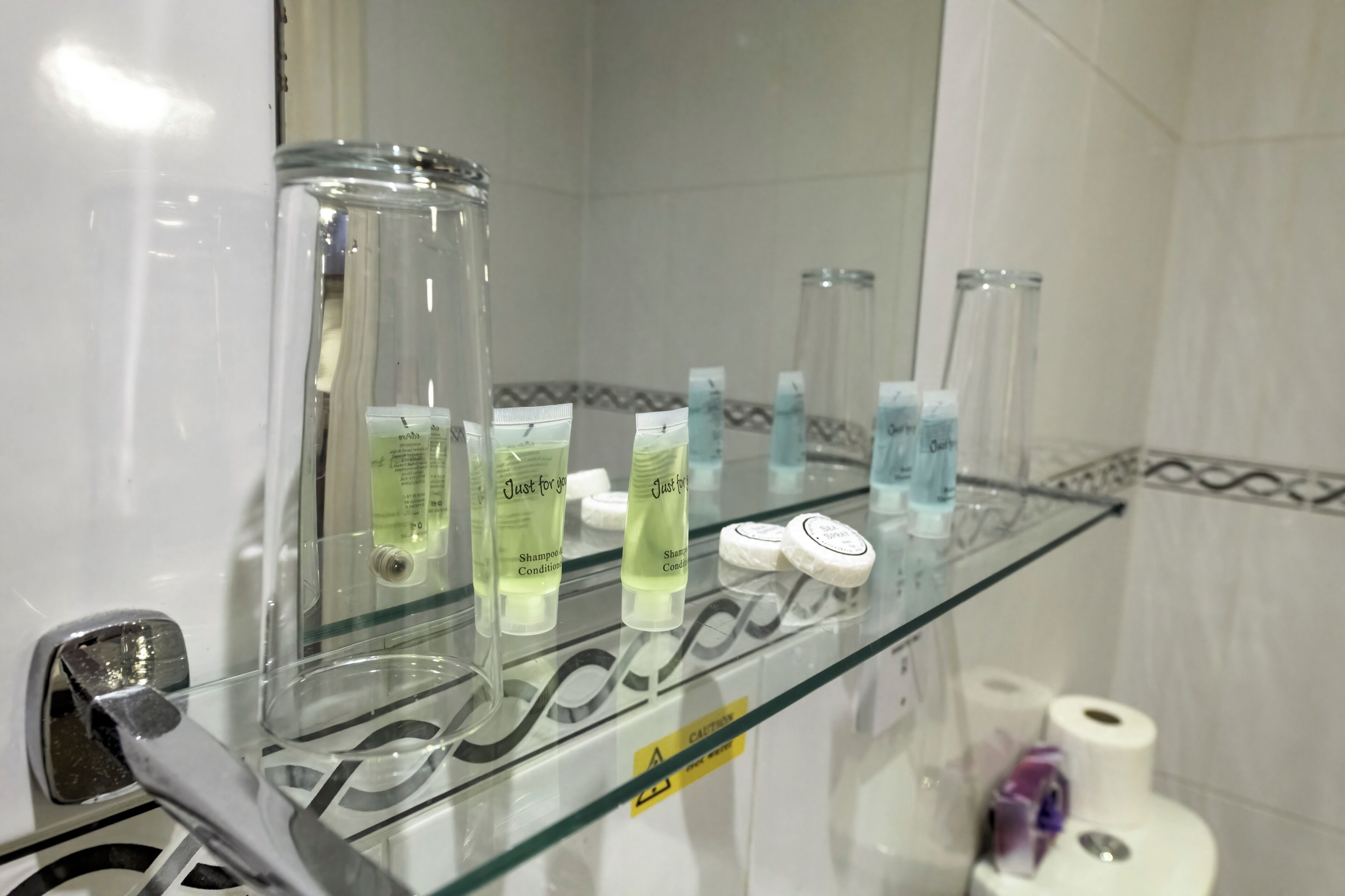 A bathroom with a glass shelf holding various toiletries, including shampoo and conditioner bottles, and a toilet paper roll.
