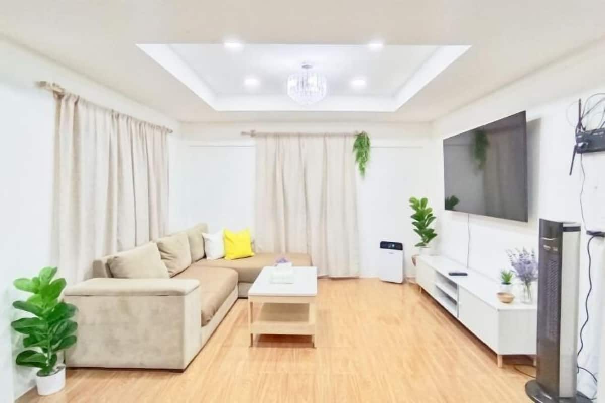 Een moderne woonkamer met een bank, salontafel, televisie en een plafondlamp.